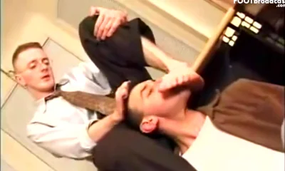 Vintage Office Worship- Dress Shoes, Black Socks, And Bare Feet Under The Desk