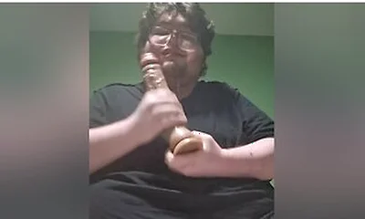 Fat Male In Chastity Sucking A Dildo And Drooling Like A Waterfall