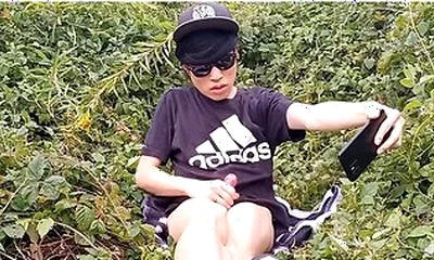 Cute French-asian Gay Twink Jerks Off His Shaved Cock Outside Cums Thick Cum Sticking To His Fingers