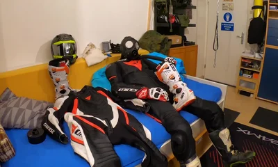 Wanking in biker suit cum