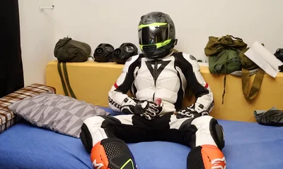 Leather biker cuming in gear